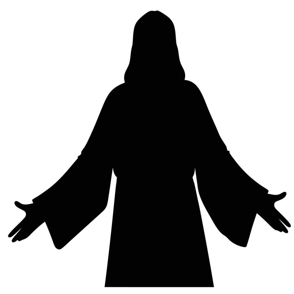 Black Silhouette Of Jesus Christ Reaching Outwards With Arms Open To Embrace vector