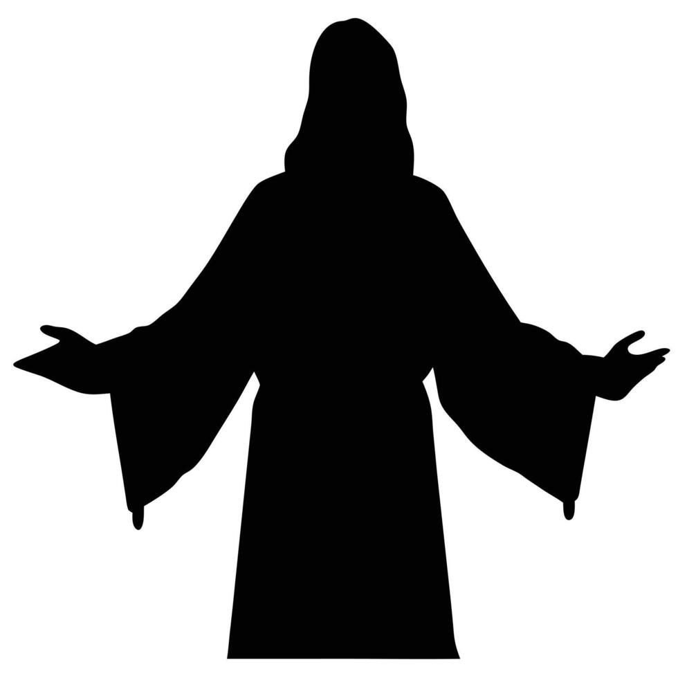Silhouette Of Jesus Christ With Open Arms Reaching Out In Black And White vector