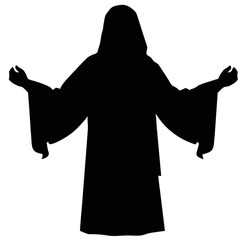 Black Silhouette Of A Person In A Hooded Cloak With Arms Outstretched vector
