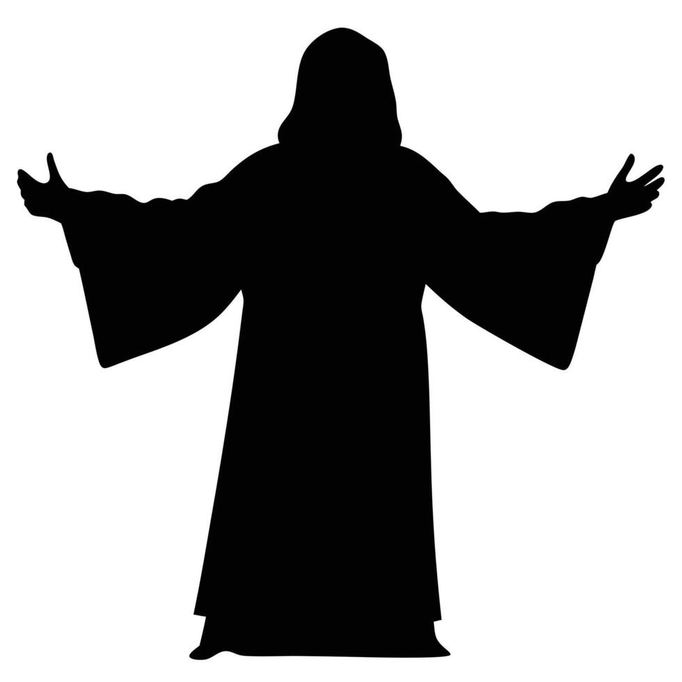 Silhouette Of A Cloaked Figure With Outstretched Arms Conveying Mystery And Spirituality vector