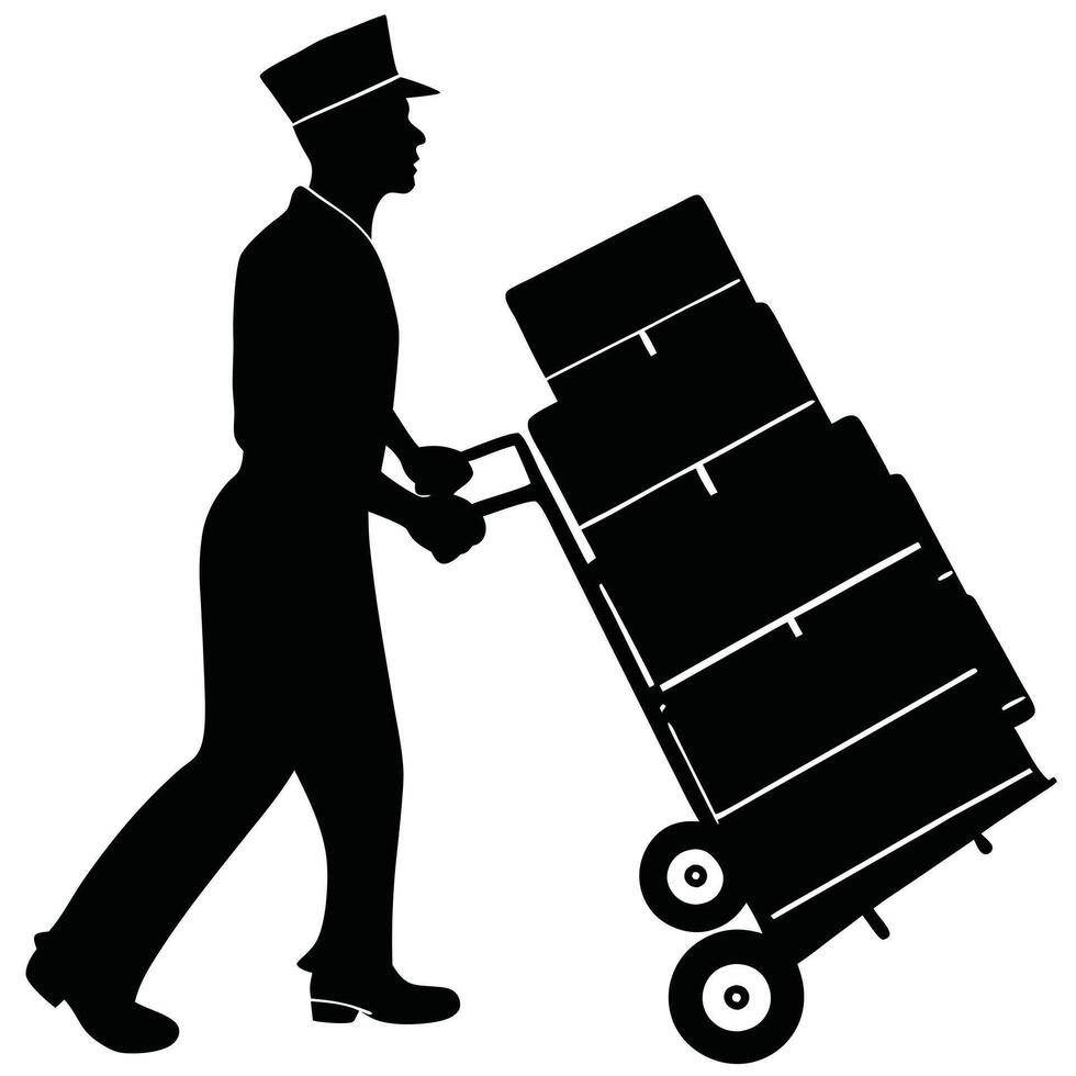 Silhouette Of A Man Pushing Hand Truck With Boxes Delivery Service Graphic vector