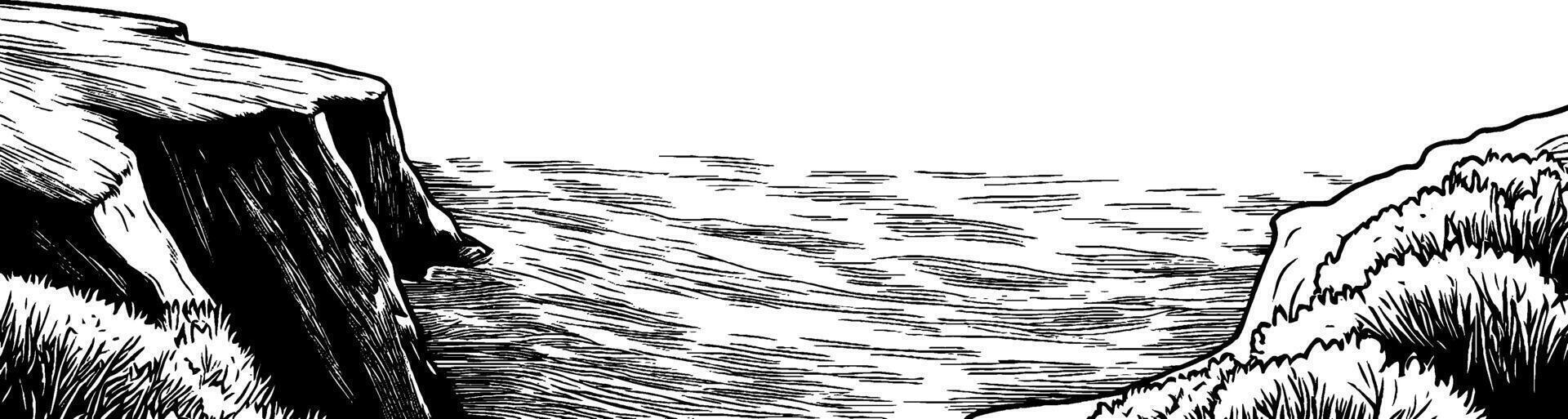 Vintage woodcut illustration showcasing a breathtaking cliffside overlook by the ocean vector