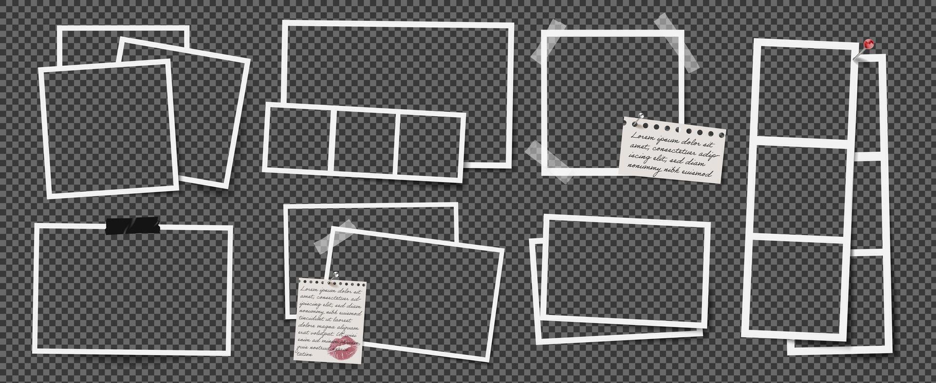 Photo frame collage with paper note and kiss design, featuring a retro template. Album layout with border, perfect for scrapbook pages or gallery presentations. vector