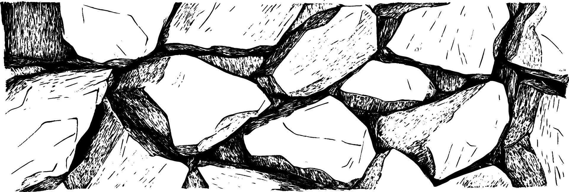Textured stone wall depicted in vintage woodcut illustration showcasing intricate details vector