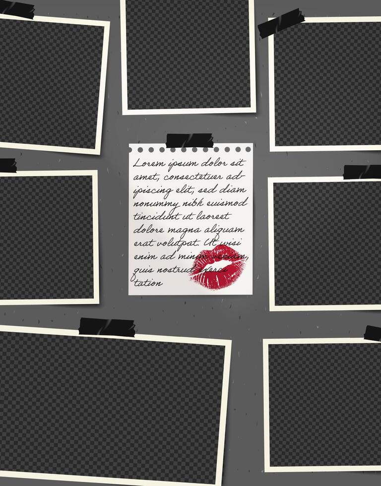 Photo frame collage with lips and kiss note. Retro scrapbook paper design featuring a square layout and border for album or poster on cement wall background. vector