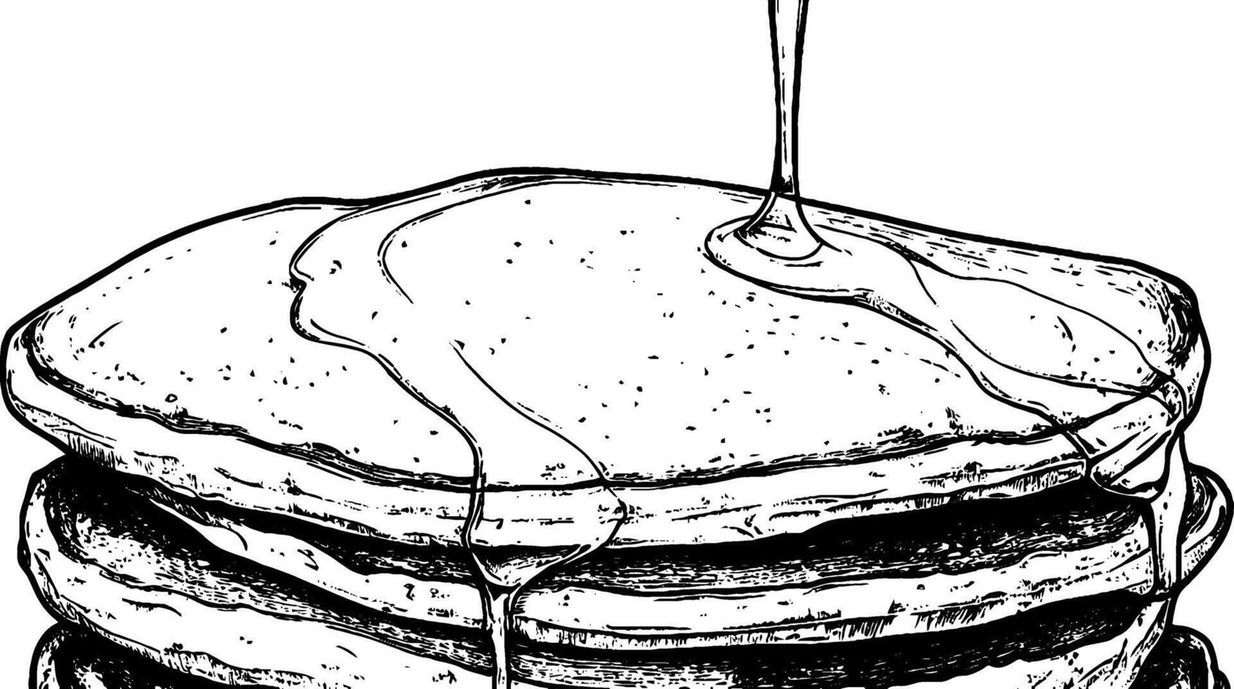 Vintage woodcut illustration showcasing a delicious stack of pancakes with syrup drizzle vector