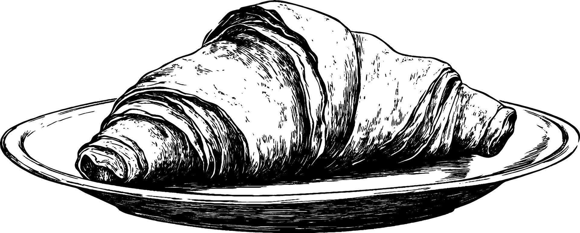 Vintage woodcut illustration showcases a freshly baked croissant on a plate vector