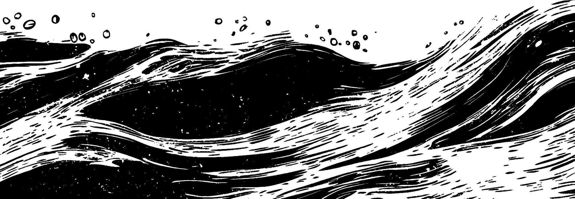 Vintage woodcut texture illustration showcasing flowing waves and splashes of water vector
