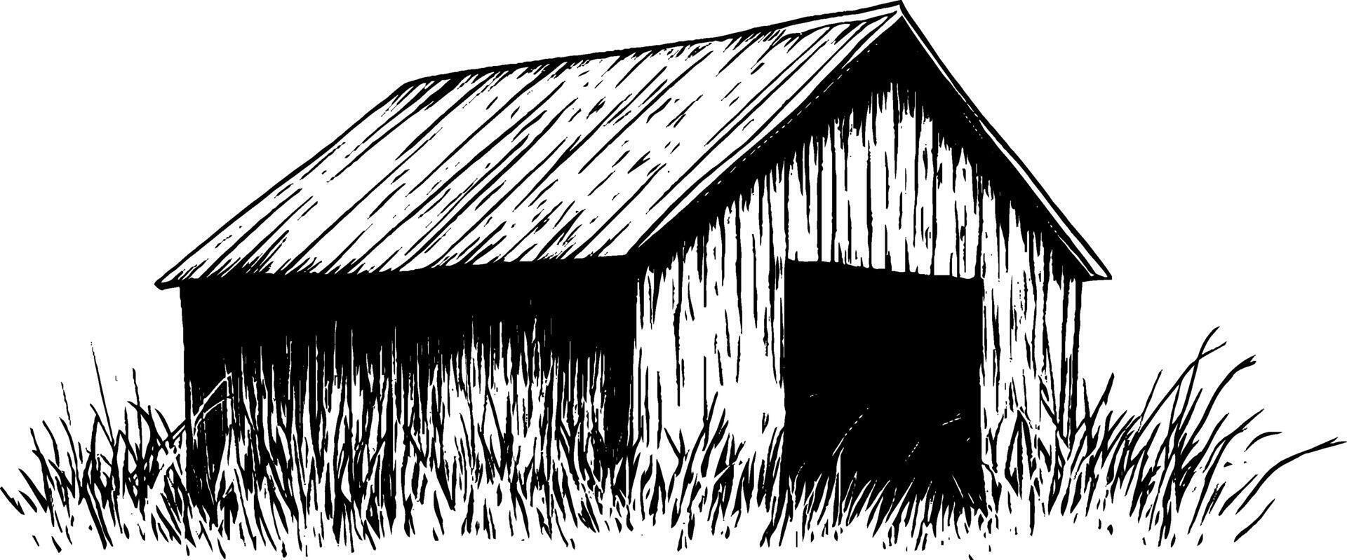 Vintage woodcut illustration of a rustic barn among tall grass vector