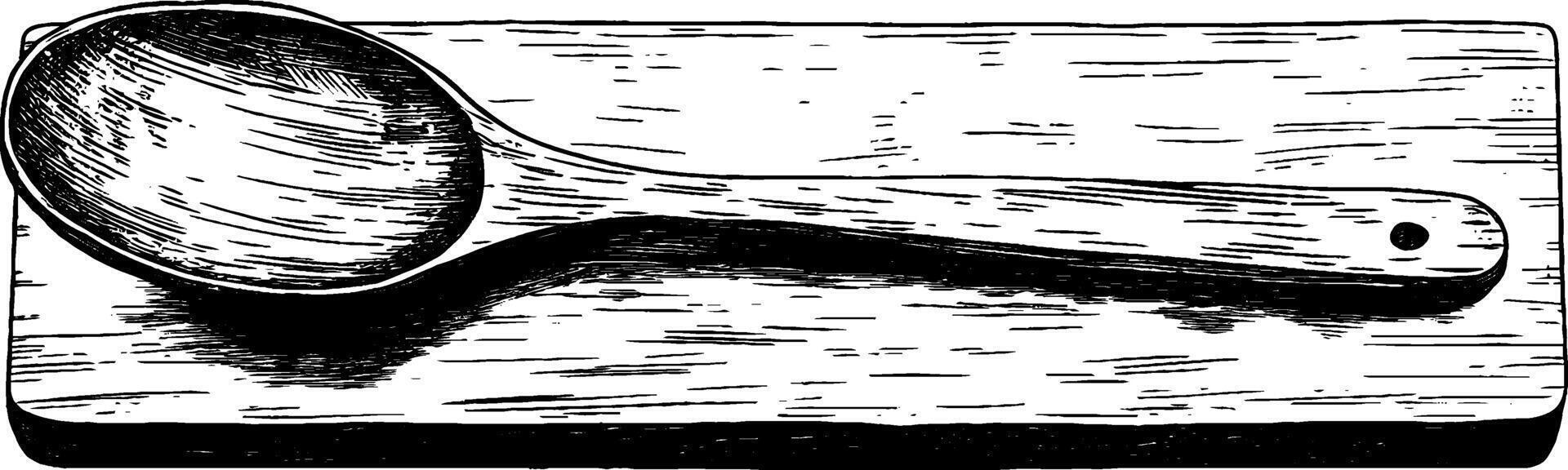 Vintage woodcut illustration showcasing a wooden spoon resting on a wooden surface vector