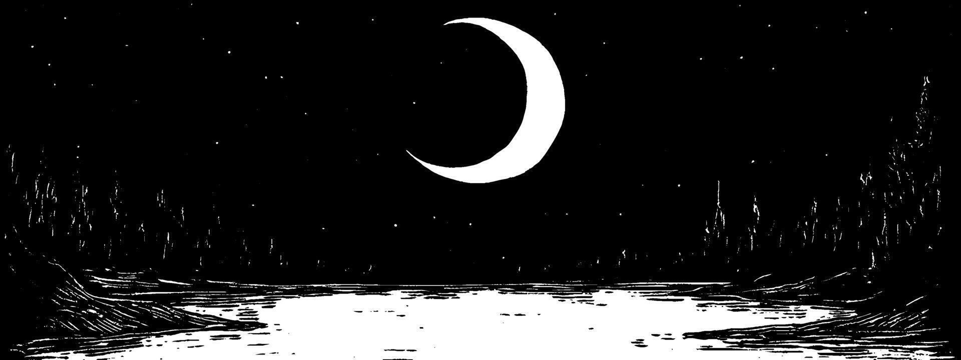 Vintage woodcut illustration of a crescent moon over a tranquil lake at night vector