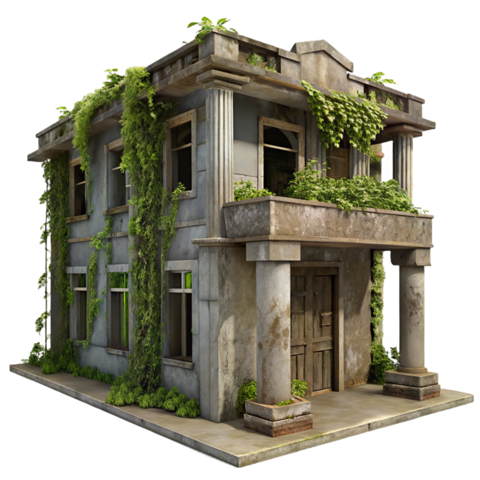 extraordinary creative Abandoned Building with Vines Front View Isolated high resolution png