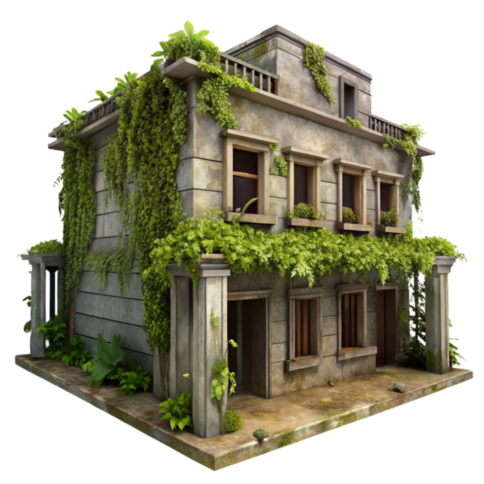 wonderful artistic Abandoned Building with Vines Front View Isolated professional png