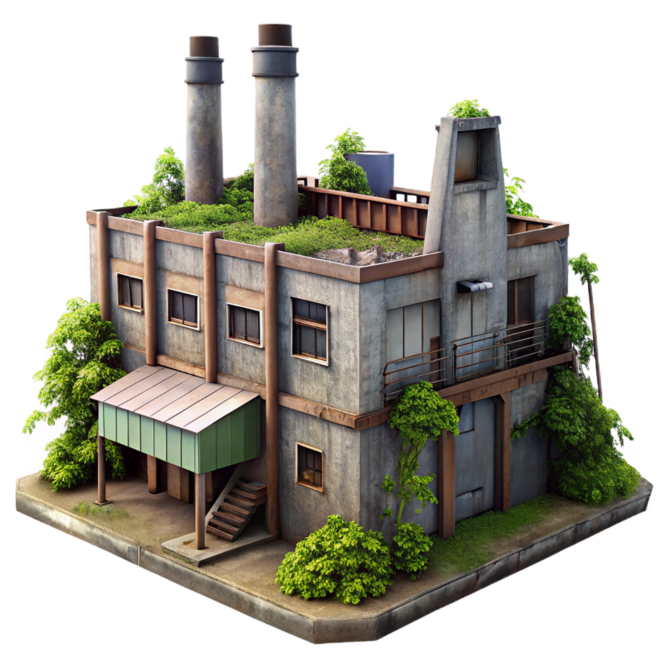dramatic modern Abandoned Factory with Overgrowth Isolated premium png
