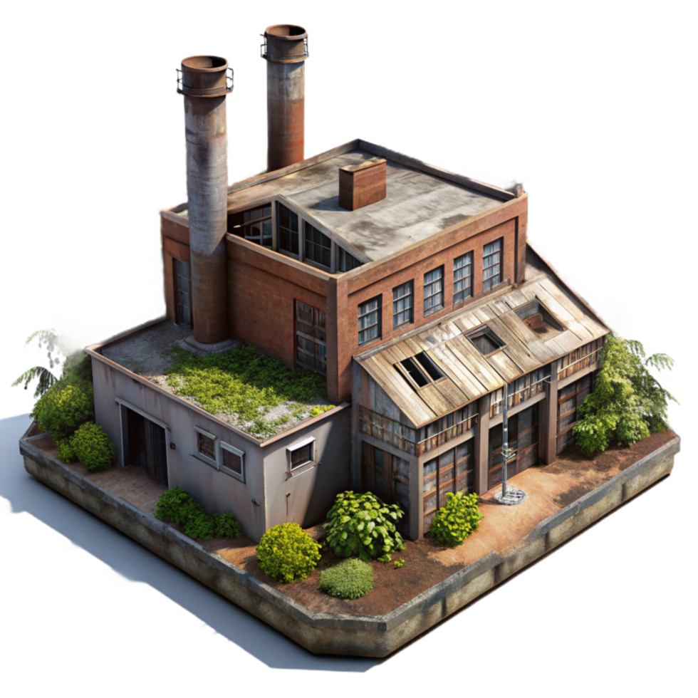 stunning contemporary Abandoned Factory with Overgrowth Isolated professional png