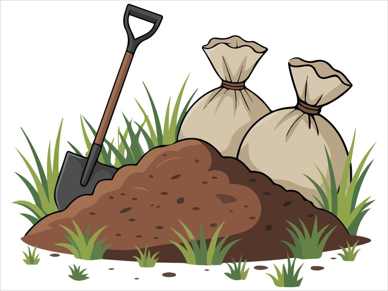 Pile of soil with gardening tools isolated illustration on white background vector