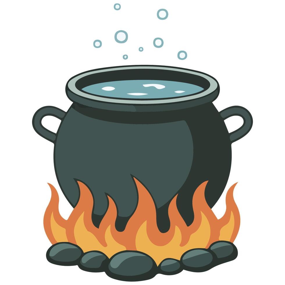 Camping pot boiling over bonfire isolated illustration on white background vector