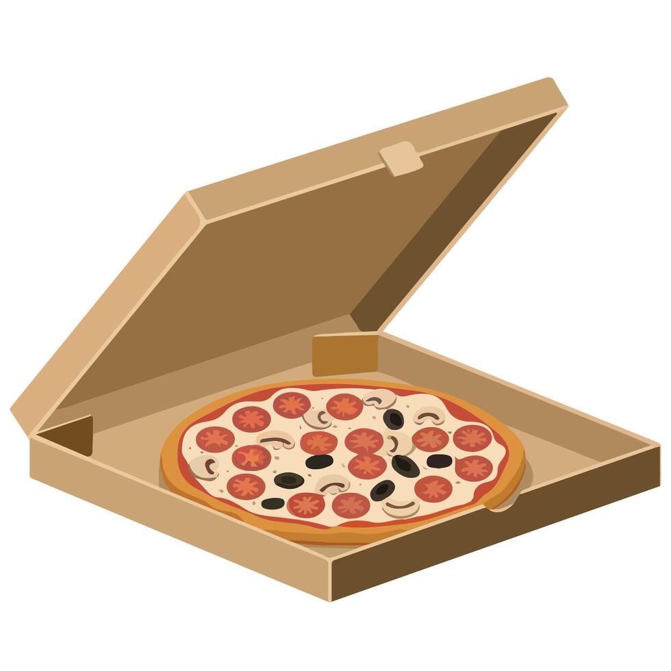 Italian pizza in open box with toppings isolated illustration on white background vector