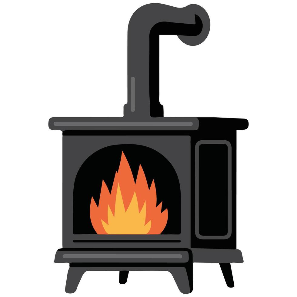 Vintage metal fireplace with burning fire isolated illustration on white background vector
