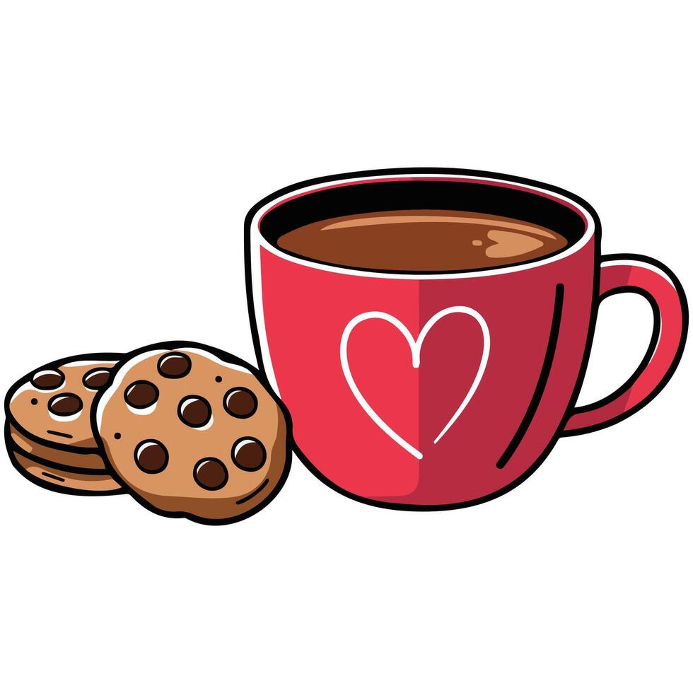 Red coffee mug with cookies and cappuccino heart isolated illustration on white background vector