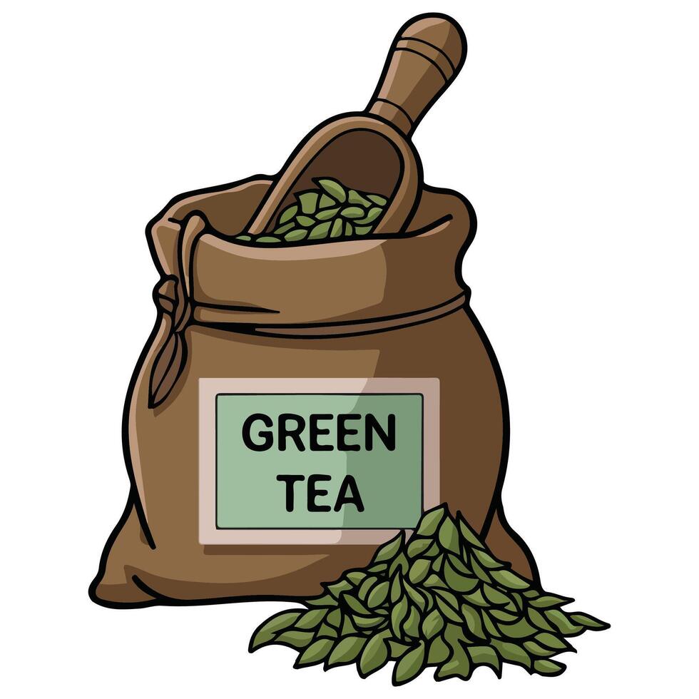 Sack of green tea leaves isolated illustration on white background vector