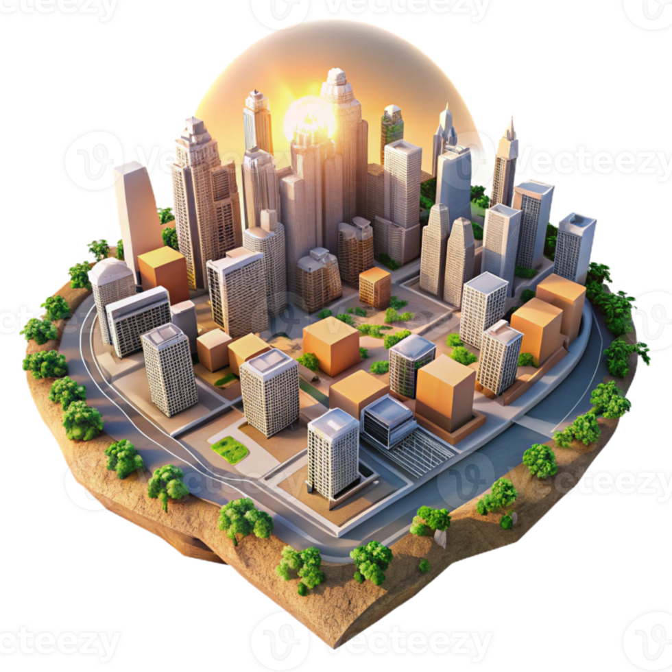 dramatic contemporary Aerial View Metropolis with Transparent Background and Bright Sunlight professional png
