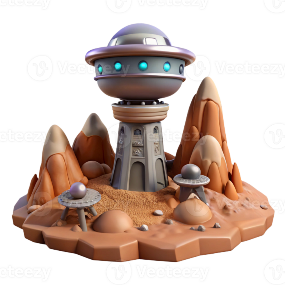 serene contemporary Alien Landscape with Terraform Tower Transparent Background authentic png