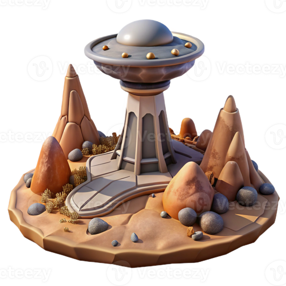 dramatic vintage Alien Landscape with Terraform Tower Transparent Background png