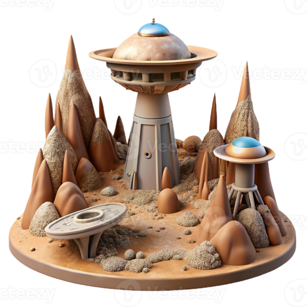 extraordinary minimalist Alien Landscape and Terraform Tower Cutout genuine png
