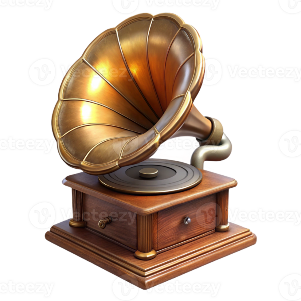 dramatic minimalist Antique Gramophone Cutout with Horn and Wooden Base png