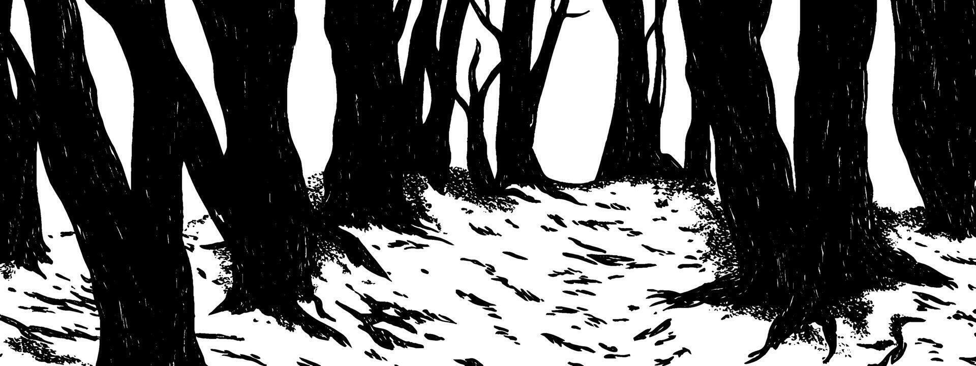 Vintage woodcut illustration depicting a mysterious foggy forest path with shadowy trees vector