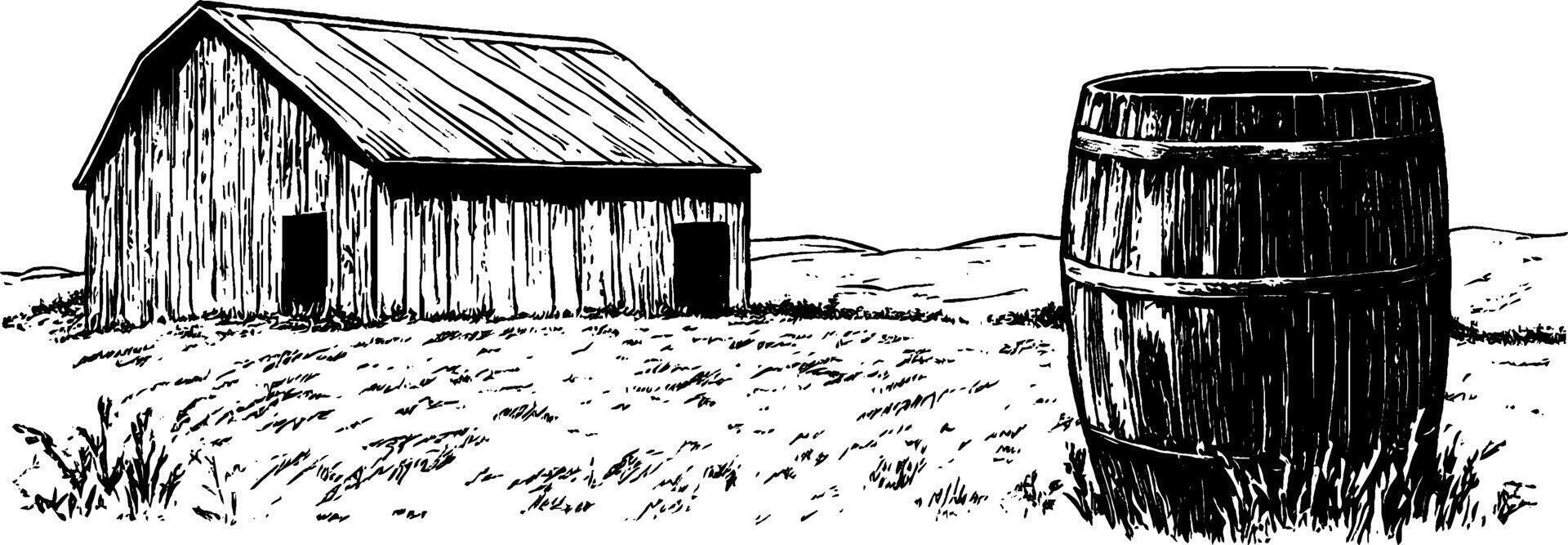Vintage woodcut illustration featuring a rustic wooden barrel and barn in a field setting vector