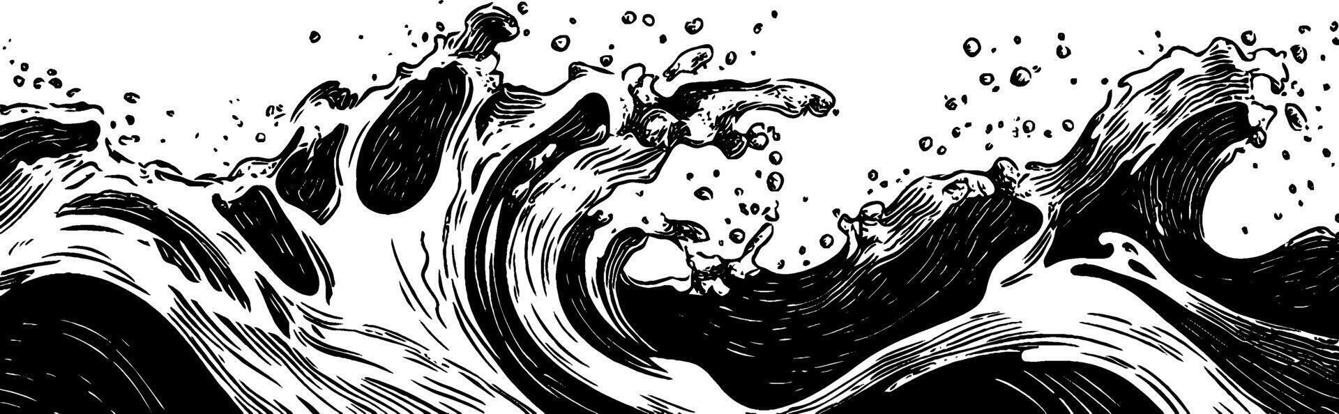 Vintage woodcut illustration capturing dynamic water splashes in detailed black and white vector