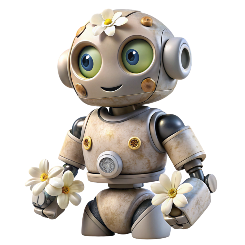 beautiful modern Biomechanical Robot with White Flowers Isolated detailed png