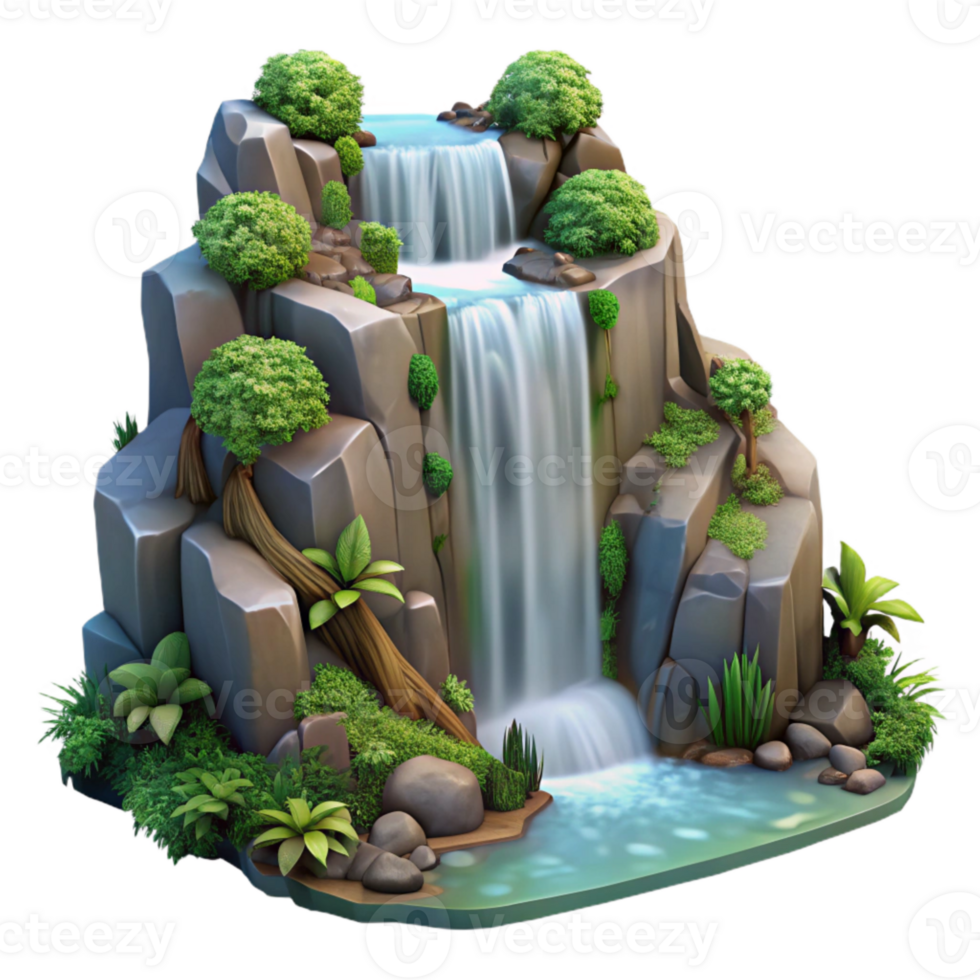 vibrant modern Cascading Waterfall Isolated Dense Forest Background png