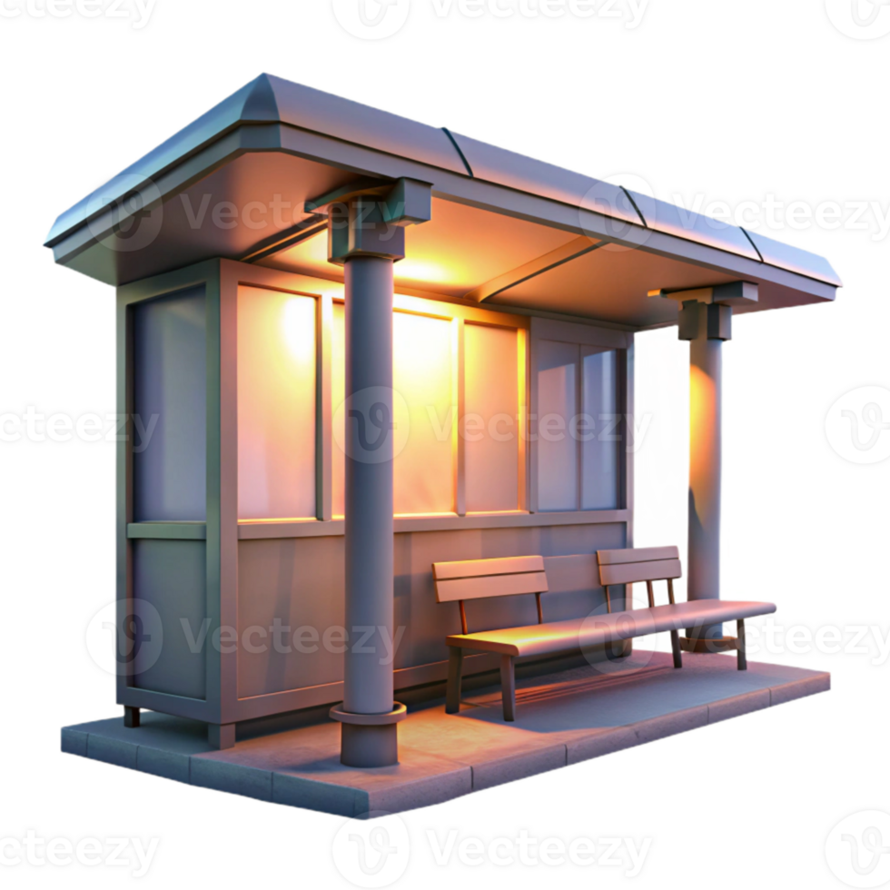 beautiful classic City Bus Stop at Twilight Isolated with Street Lights authentic png