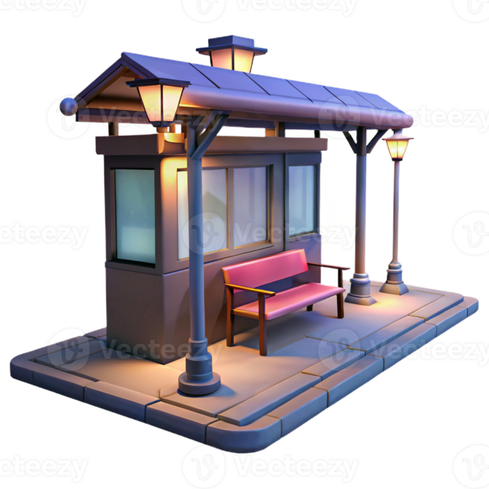 serene contemporary City Bus Stop at Twilight Isolated with Street Lights high quality png