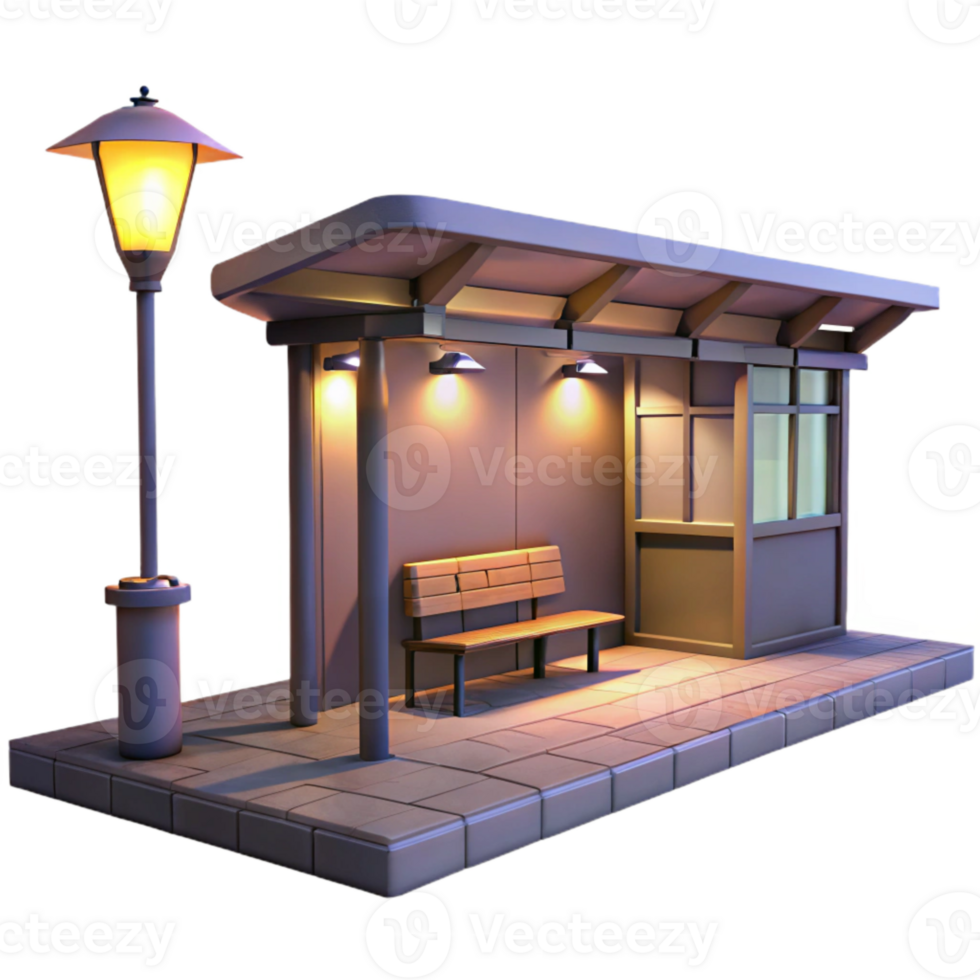 elegant vintage City Bus Stop at Twilight Isolated with Street Lights professional png