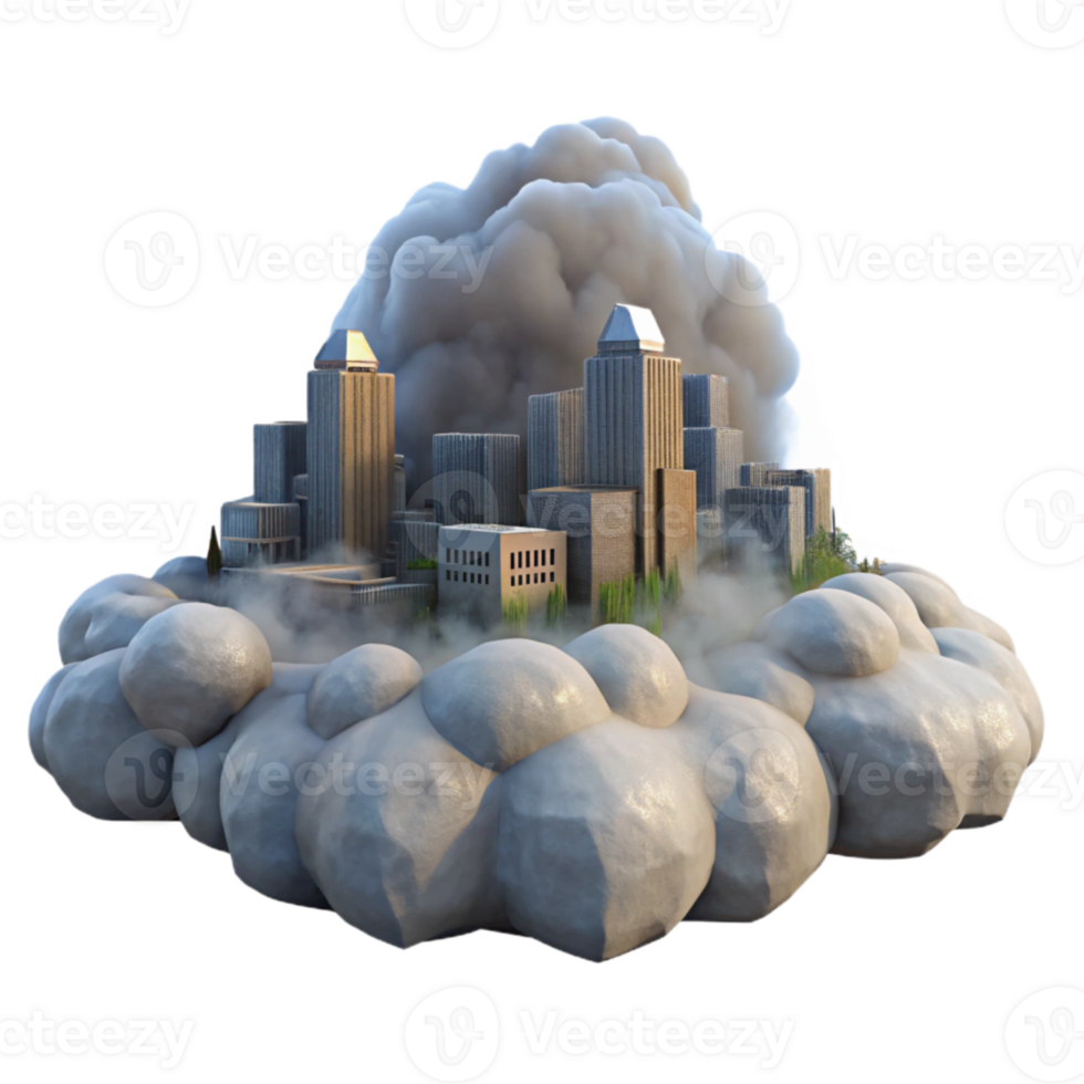 vibrant traditional Cityscape in Fog Transparent Background Birdseye View exclusive png