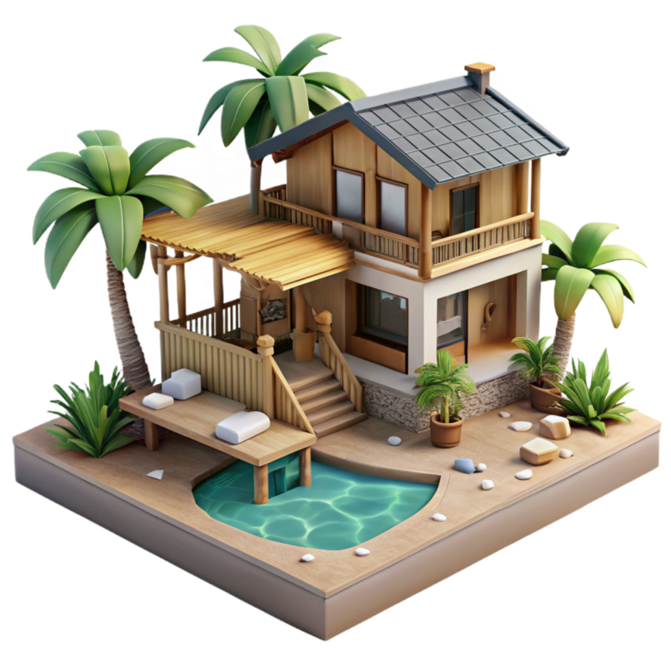 impressive classic Coastal Sundowner Villa Isolated Oceanfront Perspective high quality png