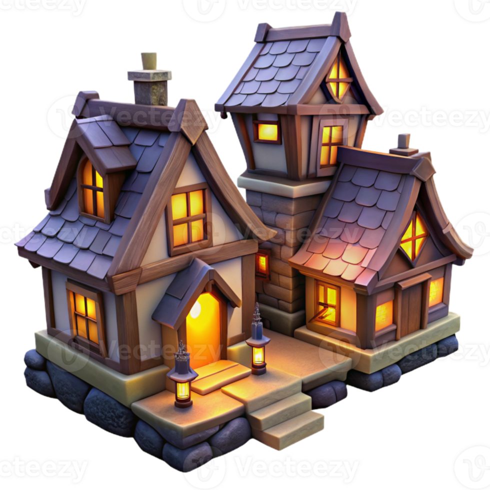 vibrant rustic Cozy Village with Glowing Windows Isolated Night View high resolution png