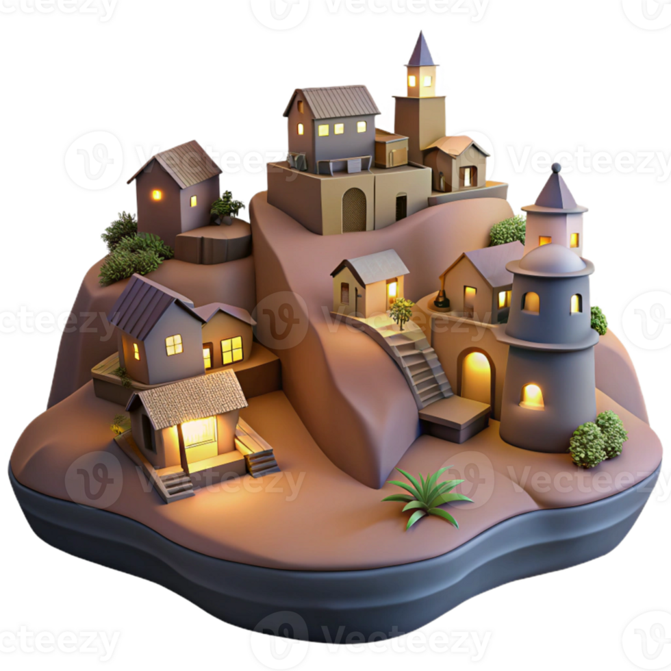 extraordinary vintage Cutout Village Dusk Light Hillside Perspective high quality png
