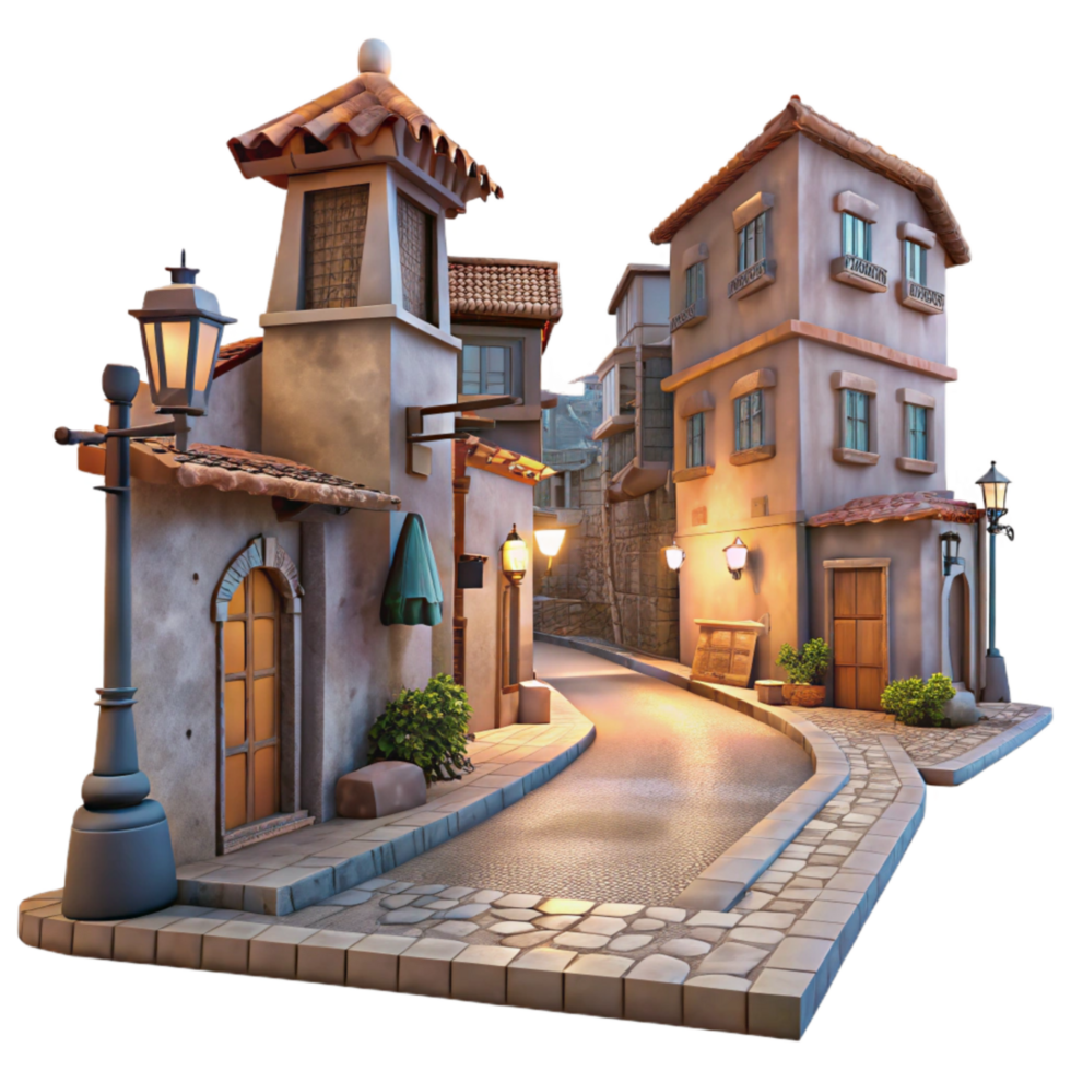magnificent rustic Dreamlike Urban Street Cutout with Low Angle and Transparent Background detailed png
