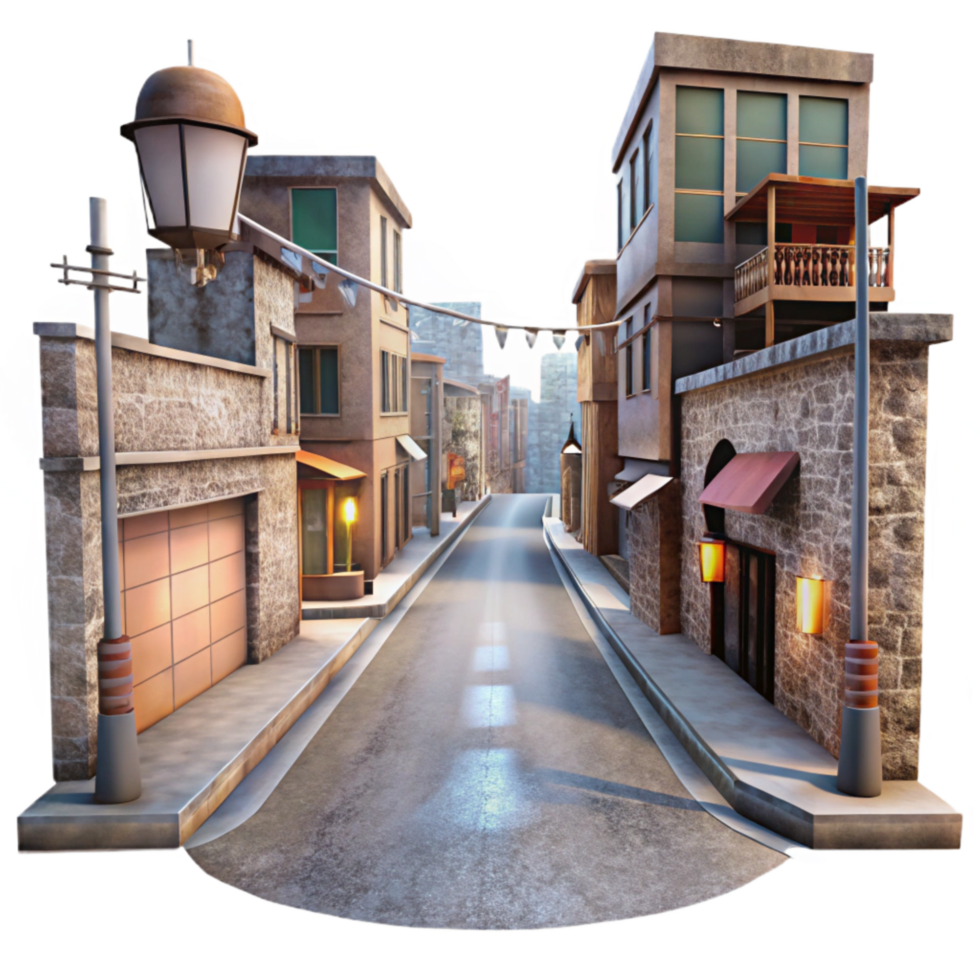 dramatic contemporary Dreamlike Urban Street Cutout with Low Angle and Transparent Background png