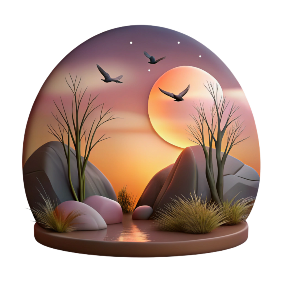 vibrant creative Dusk Landscape with Silhouetted Birds Isolated professional png
