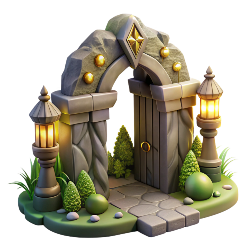 extraordinary rustic Enchanted Forest Gate Isolated with Golden Light Effect professional png