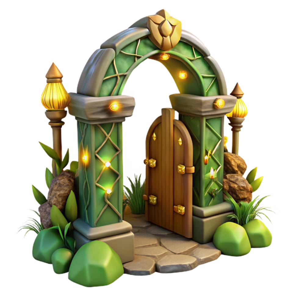 wonderful traditional Enchanted Forest Gate Isolated with Golden Light Effect professional png