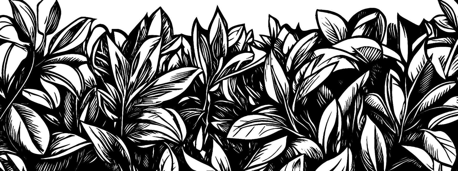 Vintage woodcut illustration depicting a vibrant, dense jungle landscape with lush foliage vector