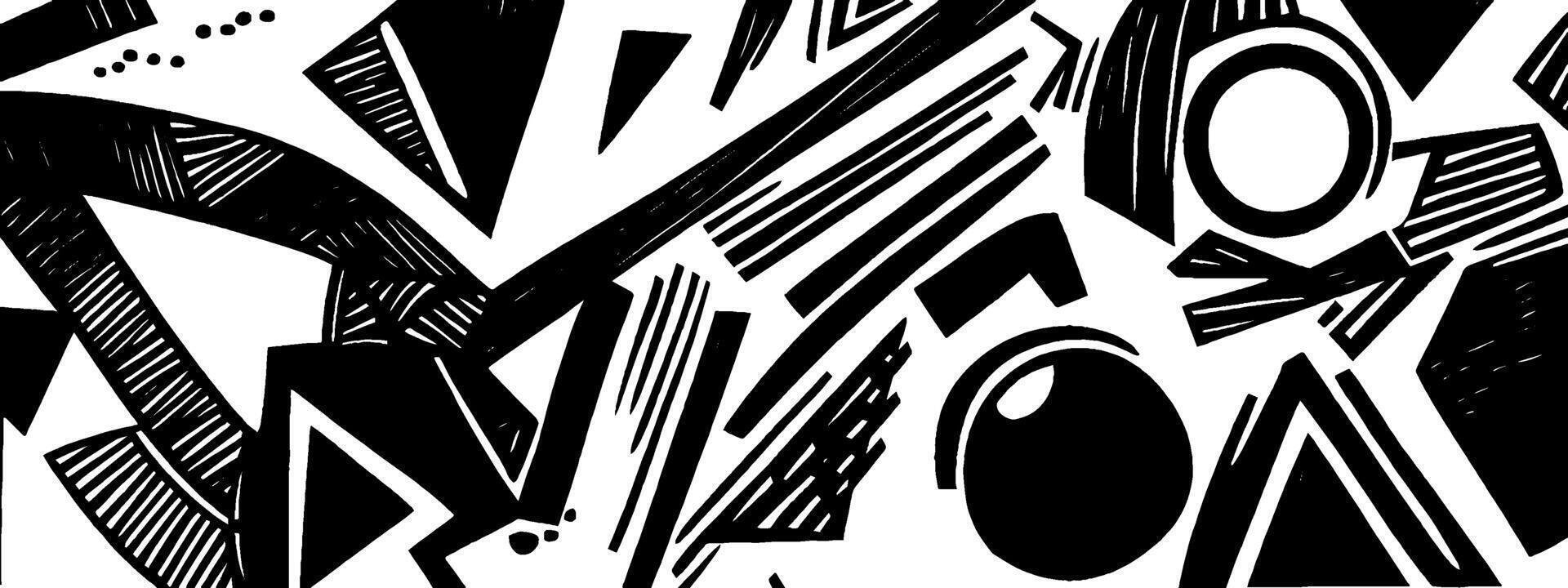 Vintage woodcut illustration featuring abstract geometric shapes and patterns in black and white vector