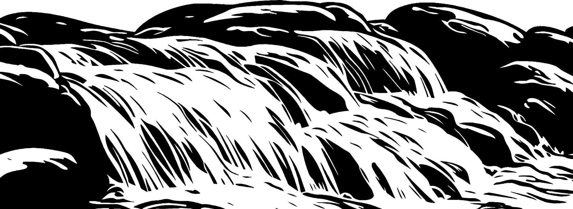 Vintage woodcut illustration showcasing a cascading waterfall over smooth stones vector
